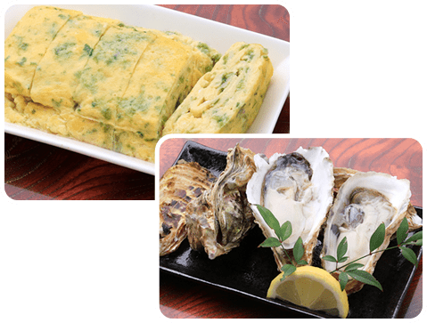 あおさ入りだし巻き玉子と鳥羽の岩牡蠣